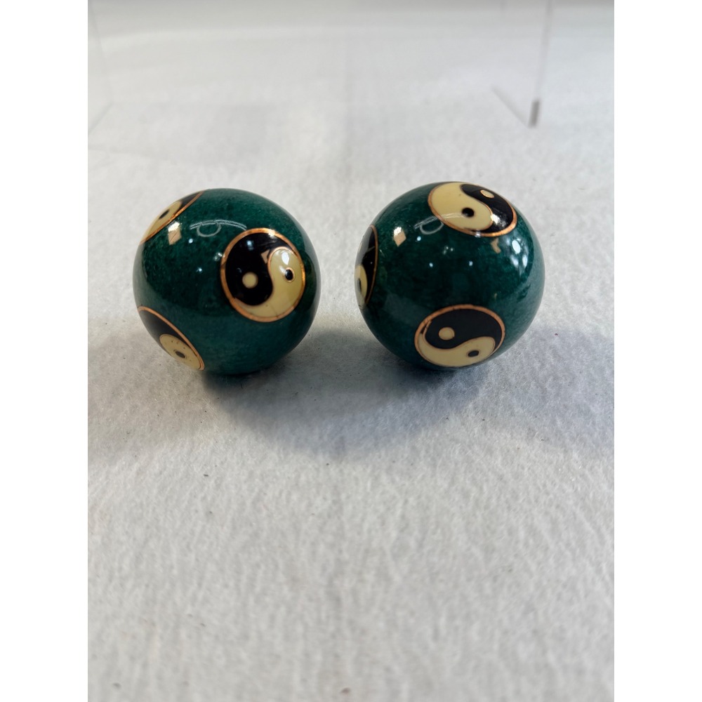 Vintage Chinese Baoding Balls Green Yin Yang Cloisonne Enamel Chime Set 1.5 Inch